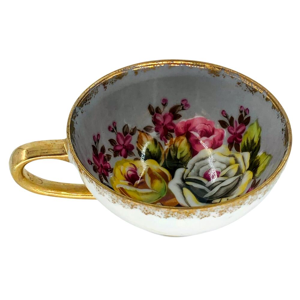 HB China Floral Tea Cup 2191 White Iridescent Gold Trim Gray Lusterware Roses